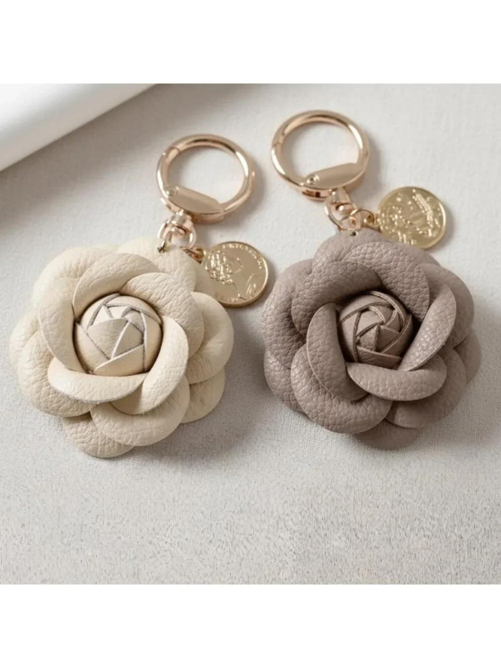 Set of 2 Leather Flower Bag Charms - Cute Rose Purse Accessories & Keychains